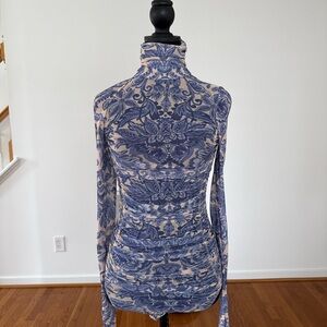 Free People Blue and Cream Patterned Bodysuit.